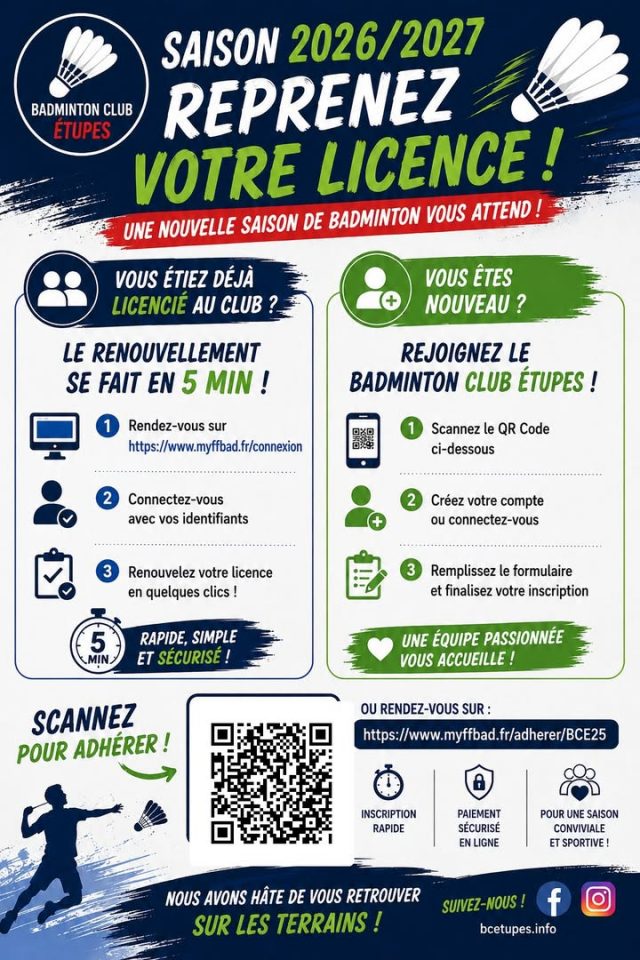 🏸 **LES LICENCES 2025-2026 SONT OUVERTES !** 🏸
