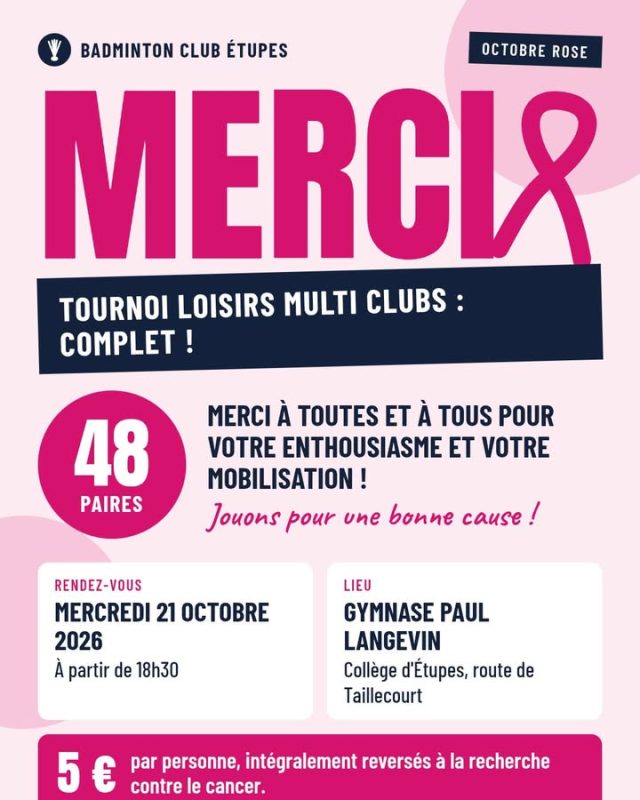 🎀 TOURNOI LOISIRS OCTOBRE ROSE : COMPLET ! 🎀
Mer